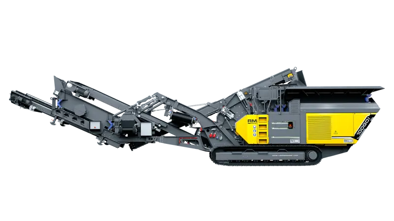 RM 100X side profile showing the screen attachment, return conveyor and tracked undercarriage.