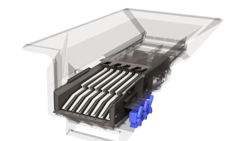 The RM Active Grid pre-screen on the RM 120X, aggressively bypassing fines to the main conveyor.