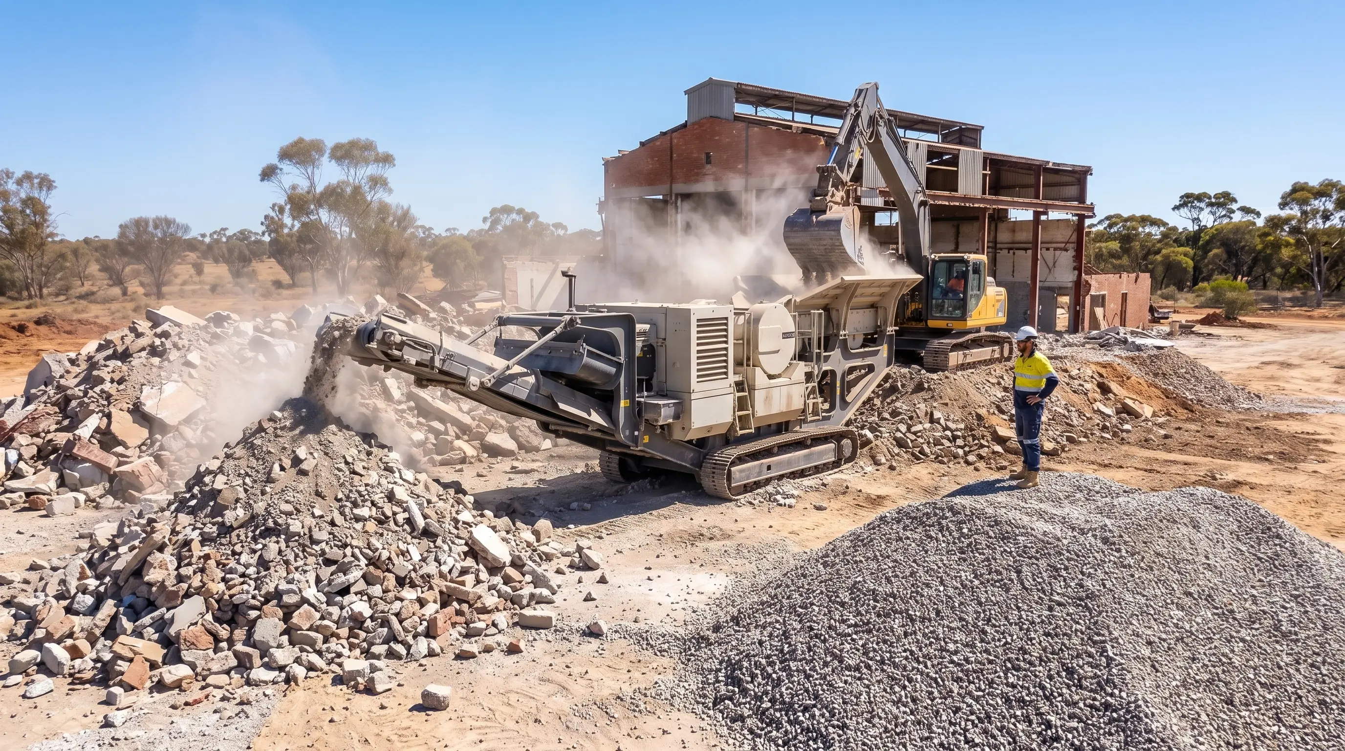 A tracked mobile crusher turning broken concrete and brick into a stockpile of crushed aggregate, fed by an excavator beside a partly demolished brick building on an Australian site.