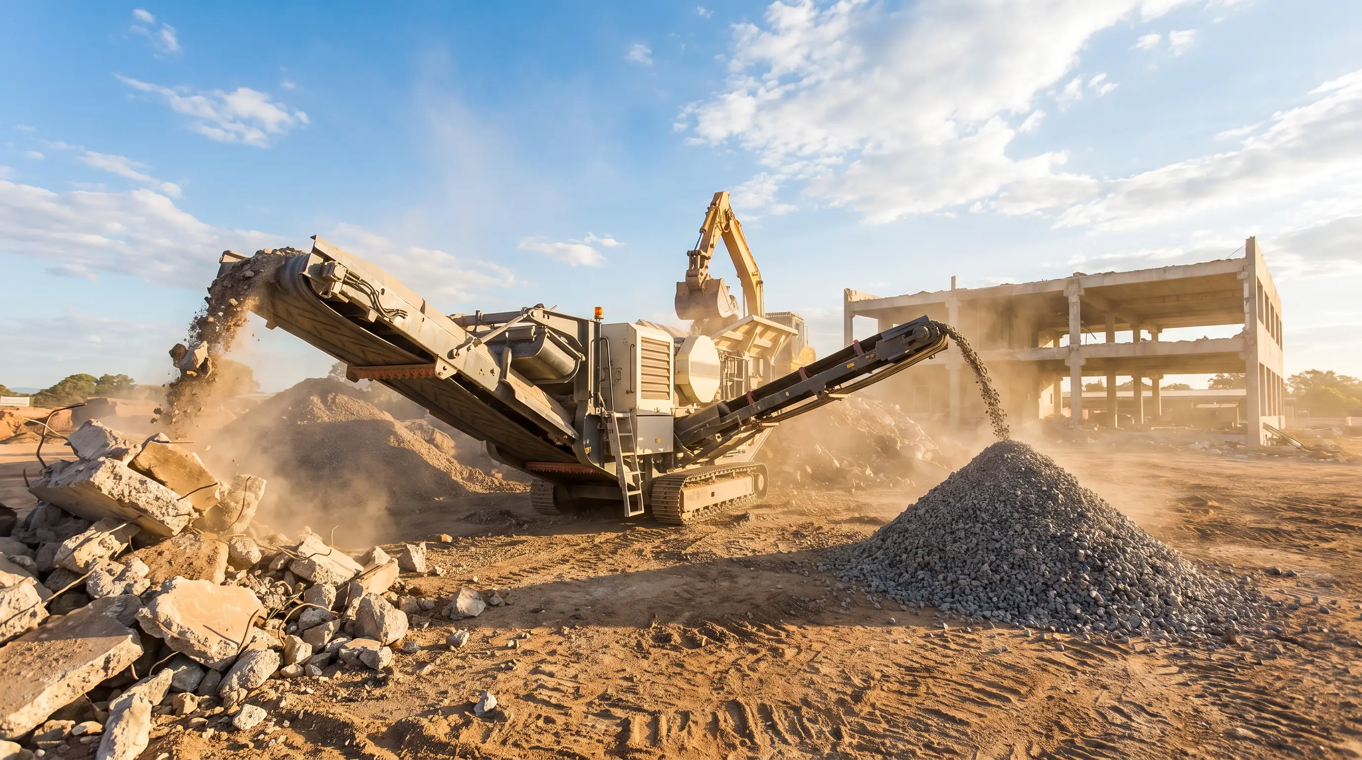 Mobile concrete crusher processing demolition rubble on an Australian work site.