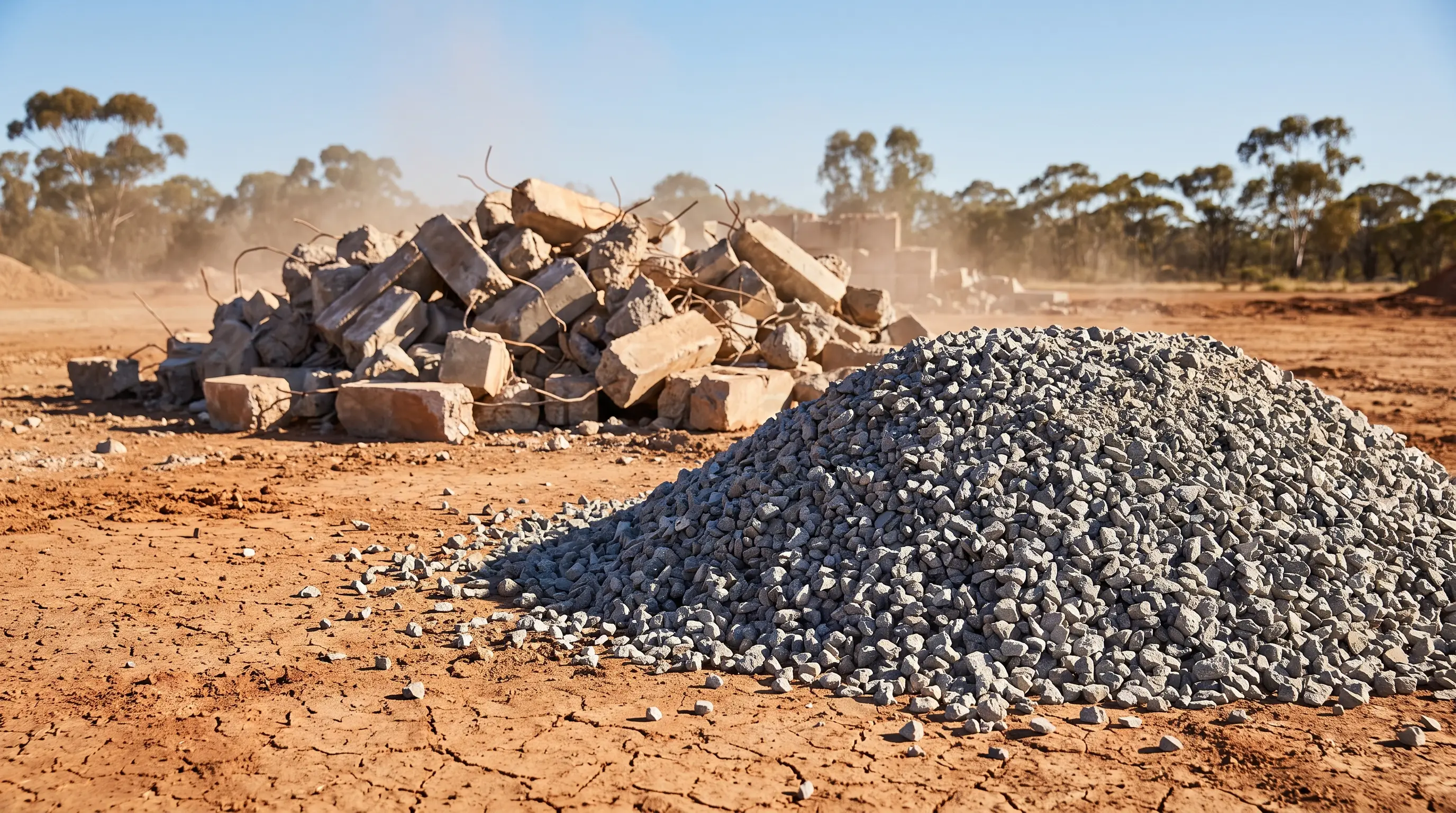 Crushed graded aggregate piled beside demolition concrete rubble with exposed rebar on a red-dirt Australian site.