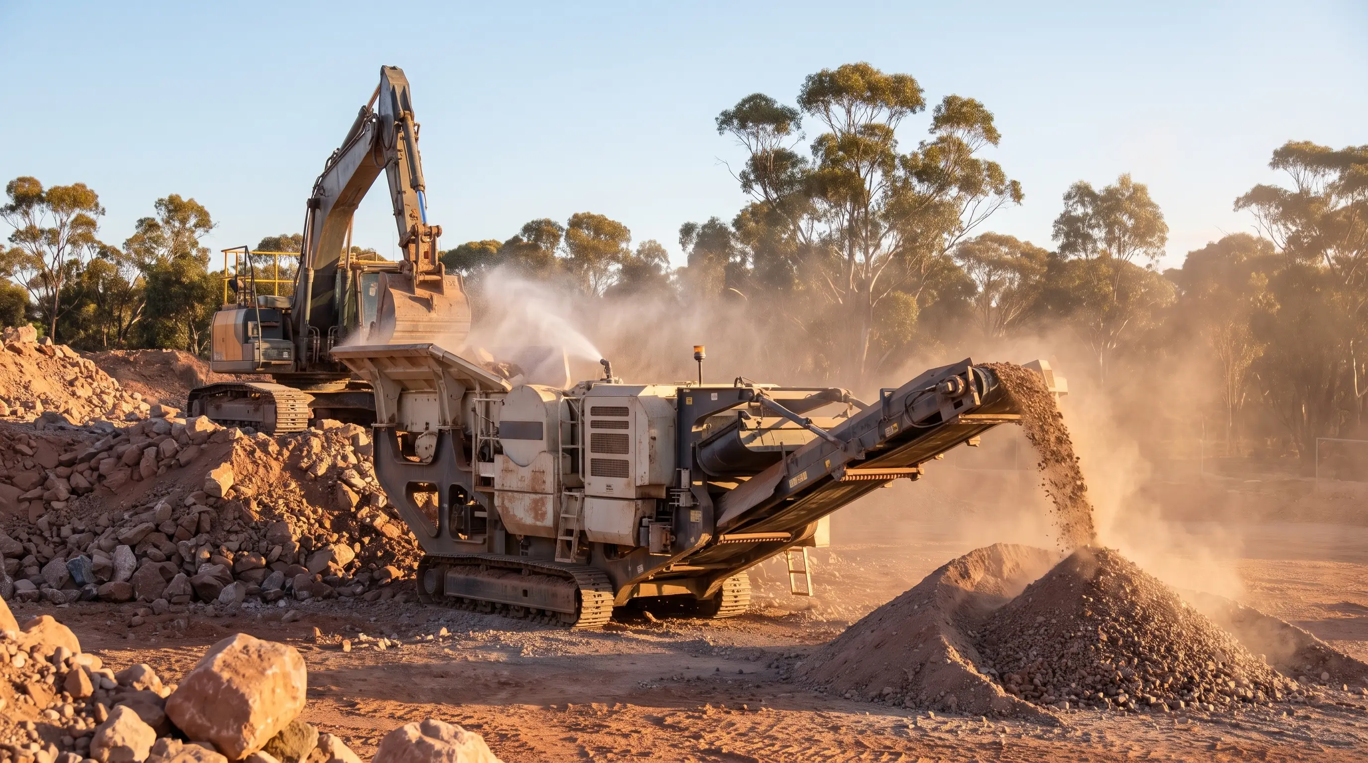 Dust rising from a tracked mobile crusher as an excavator loads it and crushed rock pours off the discharge conveyor on a red-dirt Australian site.