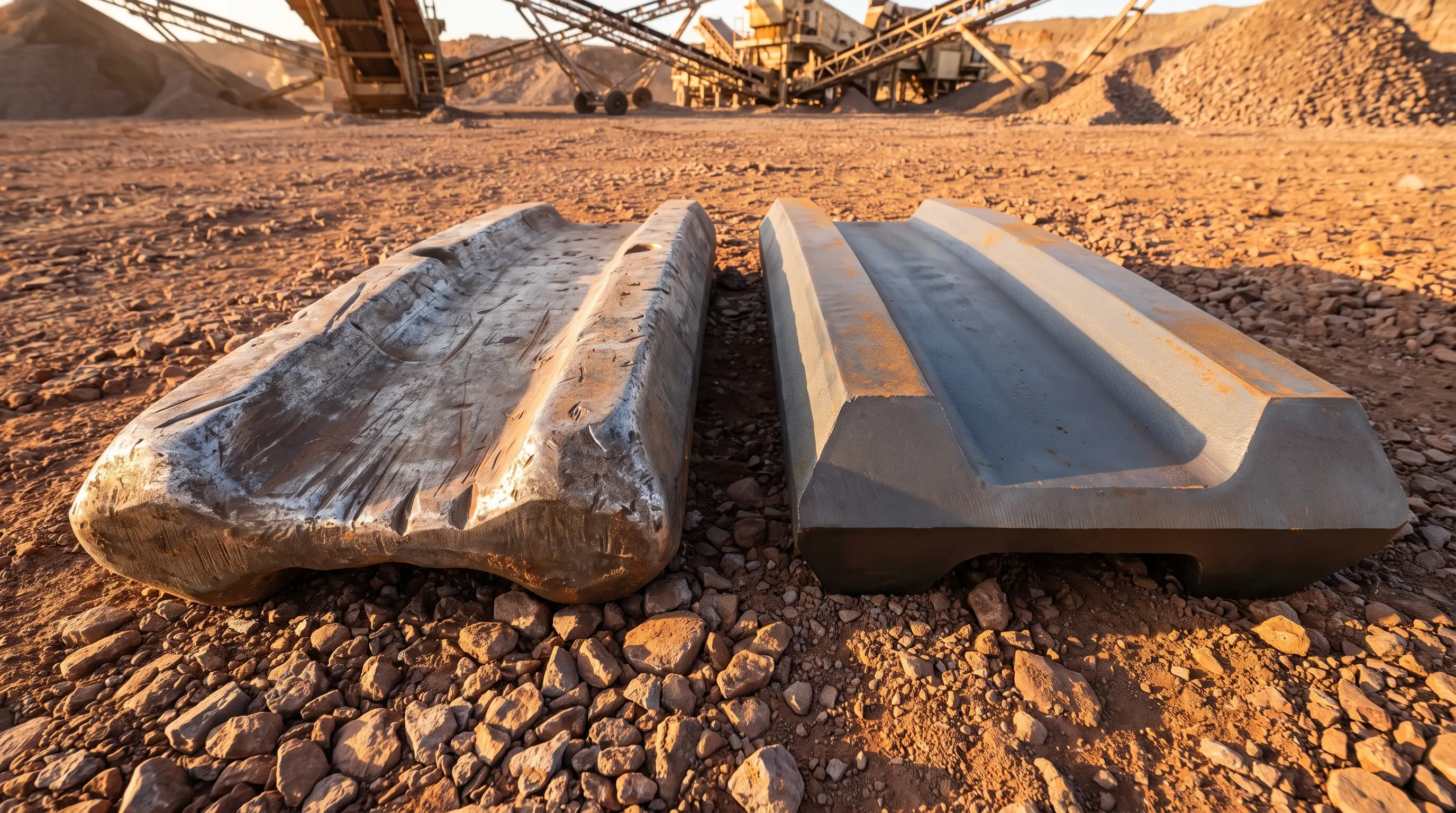 A worn jaw die beside a new jaw die on gravel, with crushing and screening plant blurred in the background.