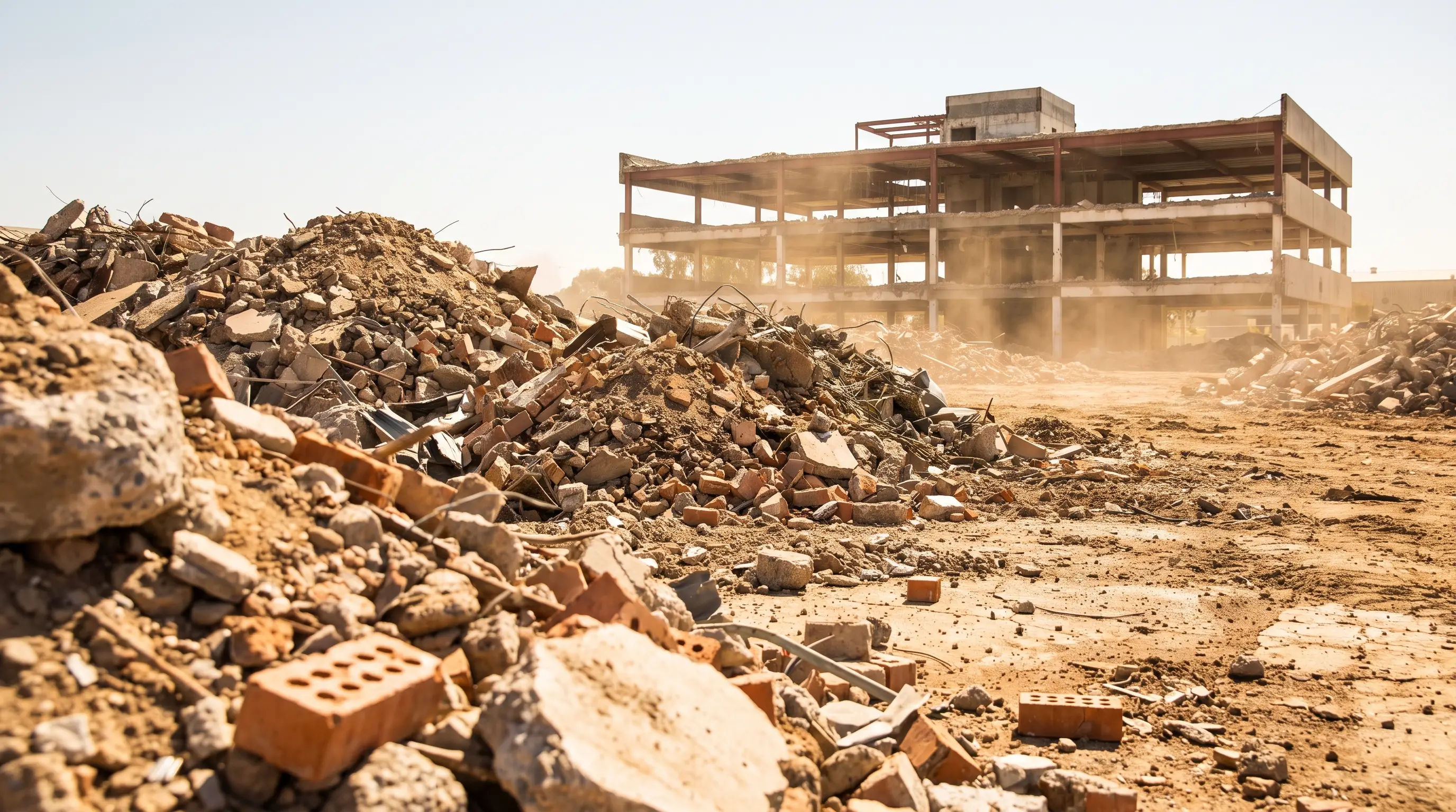 Piles of broken concrete, brick and reinforcing steel in front of a partly demolished building frame on a dusty Australian site.