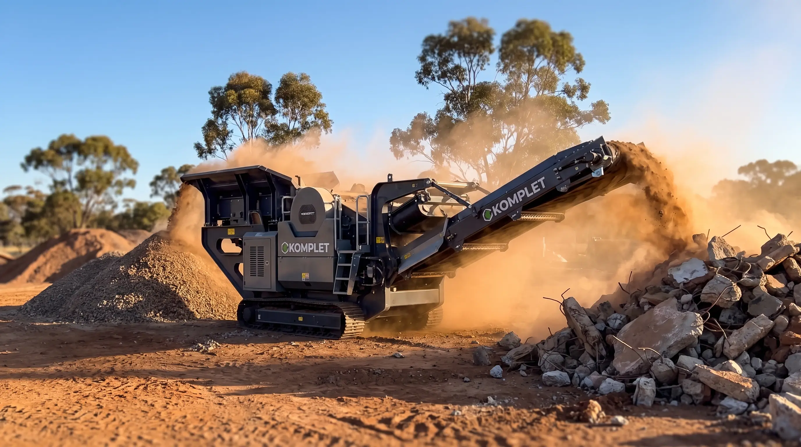 A Komplet tracked mobile jaw crusher crushing concrete rubble on a red-earth Australian site, dust rising from the conveyor and crushed aggregate stockpiled beside it, gum trees behind.