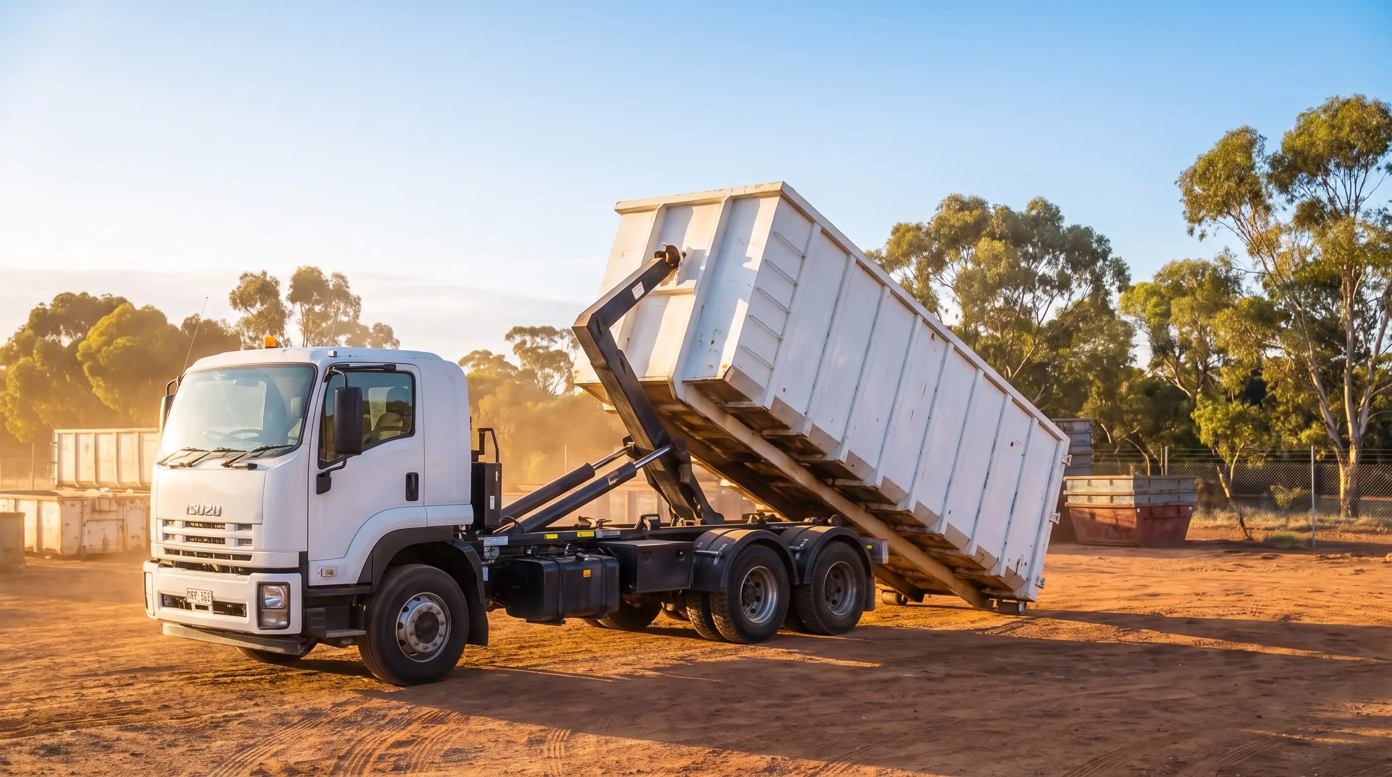 A white Isuzu hooklift truck tipping a roll-on/roll-off container on a red-dirt Australian yard, with empty bins lined up behind it.