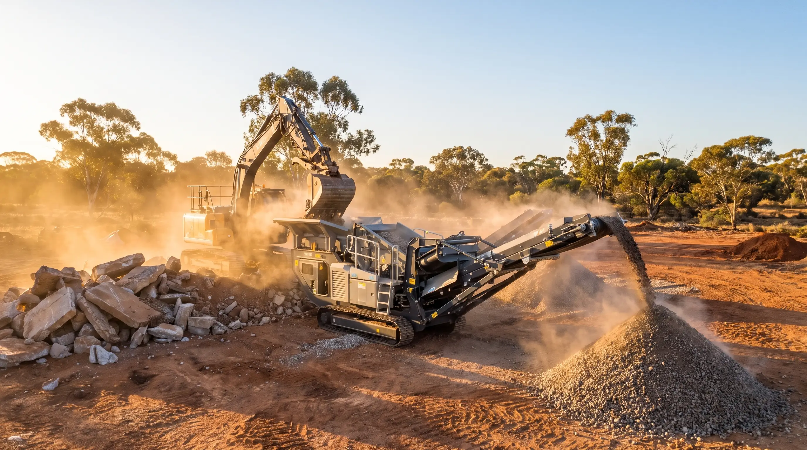 An excavator loading rock into a compact tracked mobile crusher that builds an aggregate stockpile on a red-dirt Australian site at sunset.