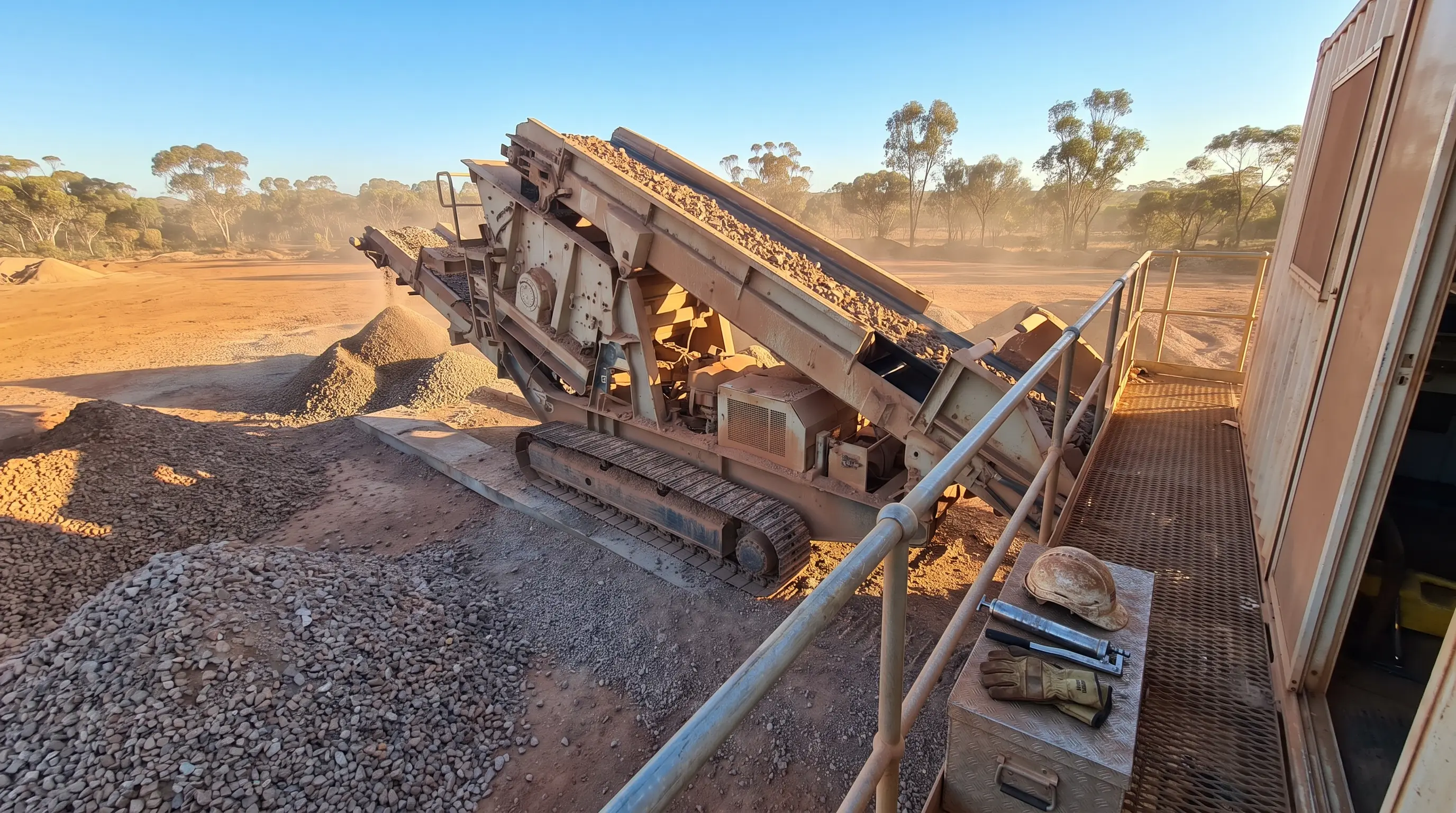 A tracked mobile jaw crusher on a red-dirt Australian site at sunrise, seen from its walkway with a hard hat, gloves and spanners on a toolbox.