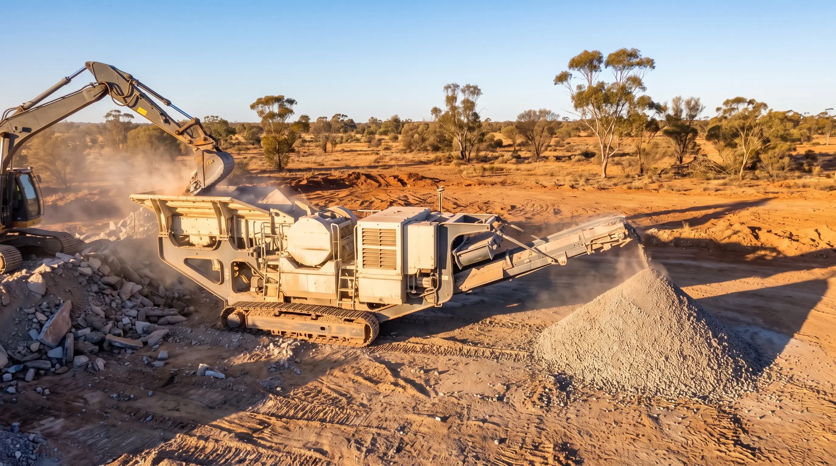 An excavator feeding rock into a tracked mobile jaw crusher that discharges crushed aggregate onto a stockpile in the Australian bush.