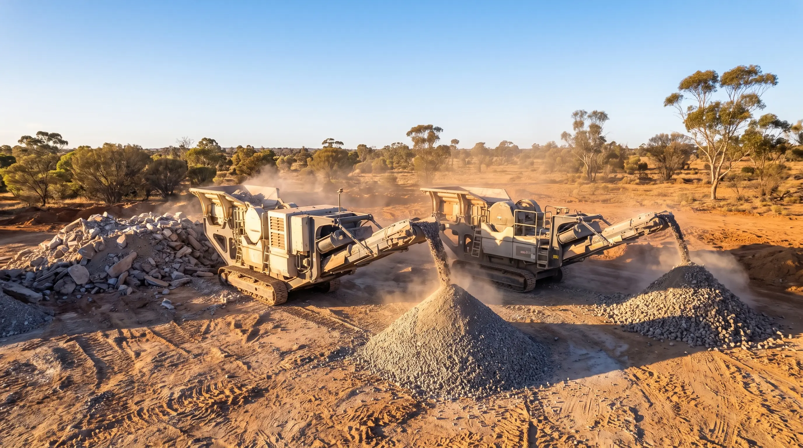 Two tracked mobile crushers side by side on a red-dirt Australian site, each discharging crushed rock onto its own stockpile beside a pile of broken feed material.