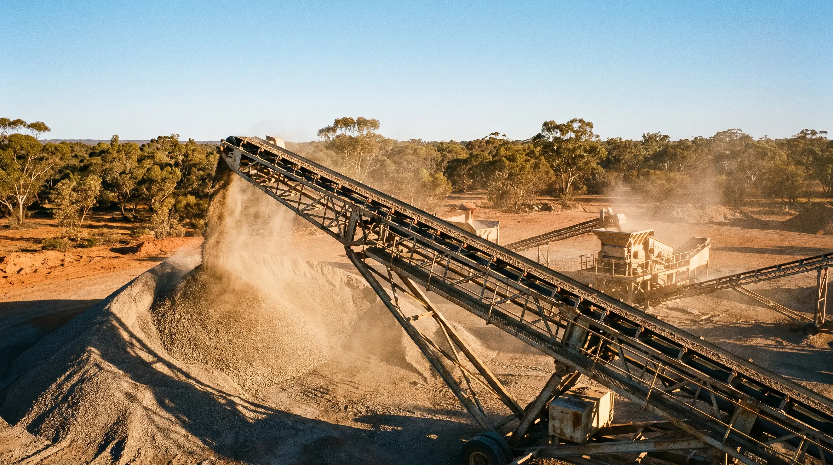 A radial stacker conveyor discharging crushed aggregate onto a stockpile on an Australian quarry pad, with a mobile crusher working behind it.