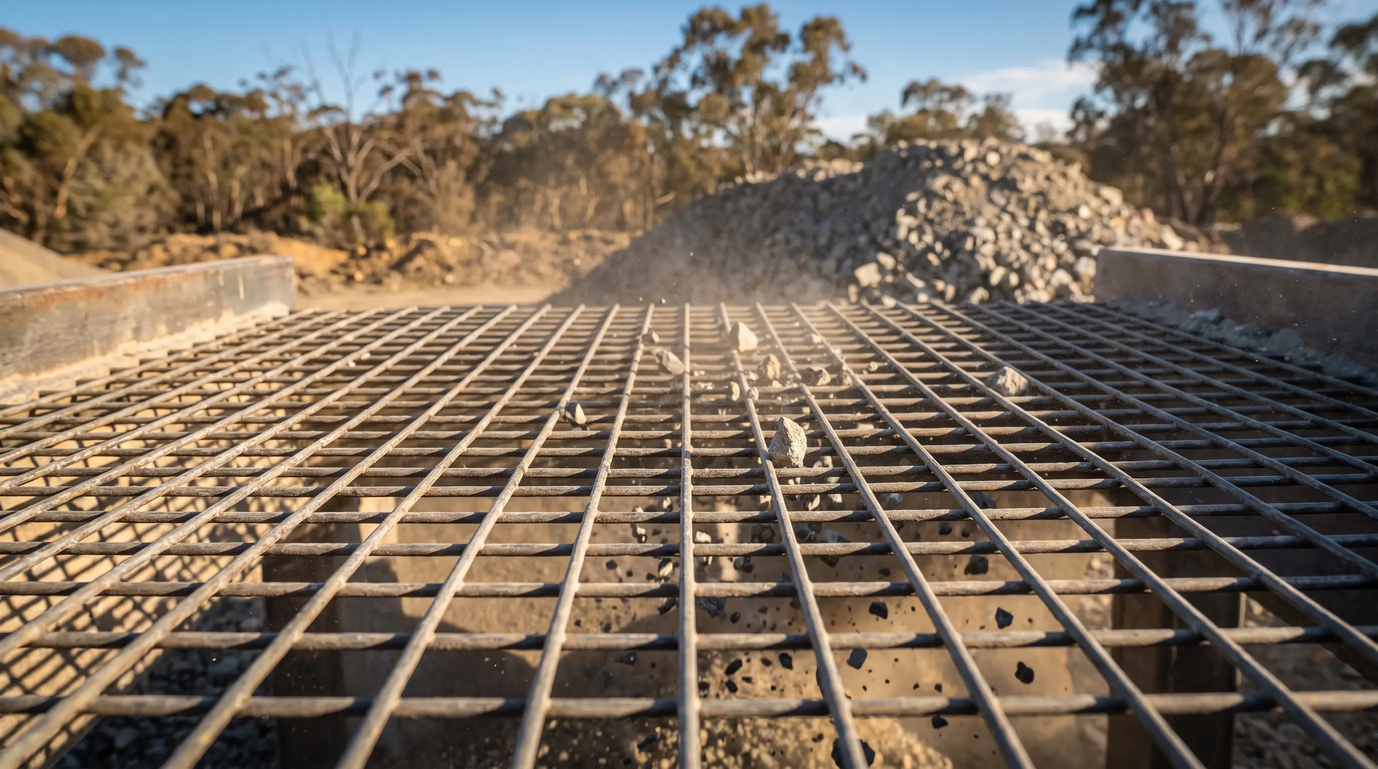 Close-up of a steel screen mesh deck with crushed rock falling through the apertures, a stockpile and gum trees behind.