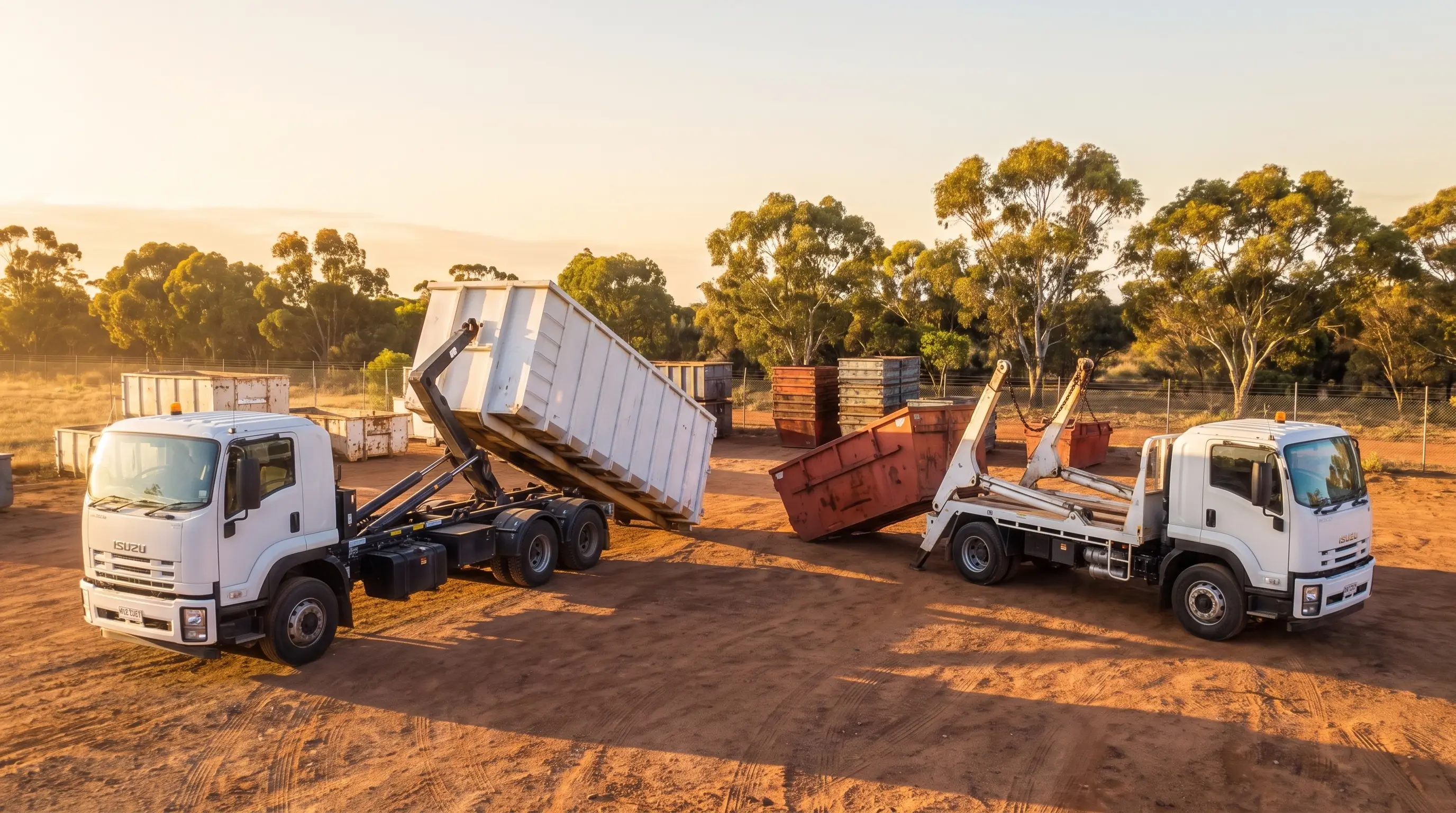 A hooklift truck tipping an enclosed roll-on/roll-off container beside a skip loader truck lifting an open skip bin in a red-dirt Australian bin yard at sunset.