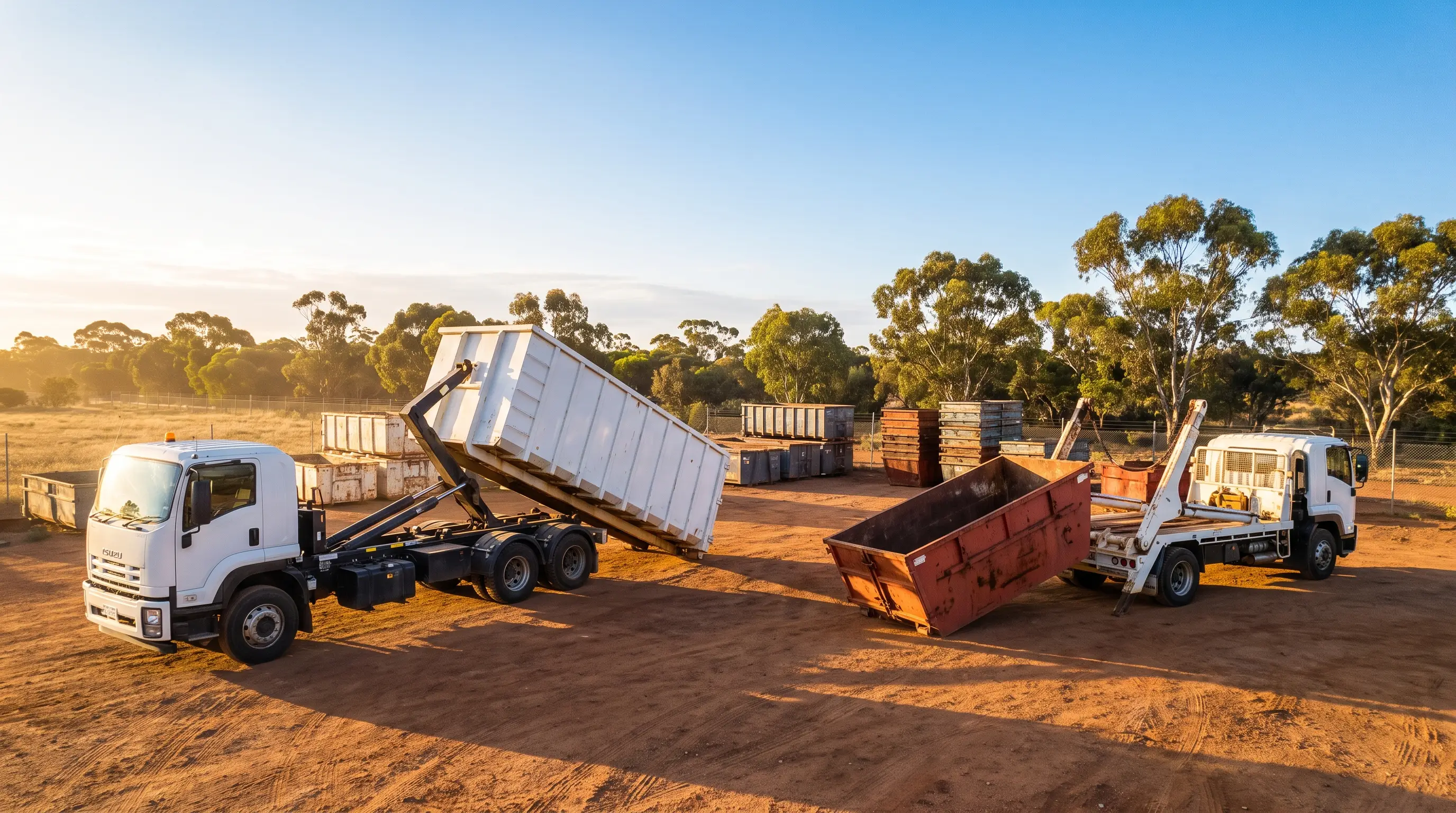 A hooklift truck tipping a roll-on/roll-off container beside a skip loader truck with open skip bins in an Australian bin yard.