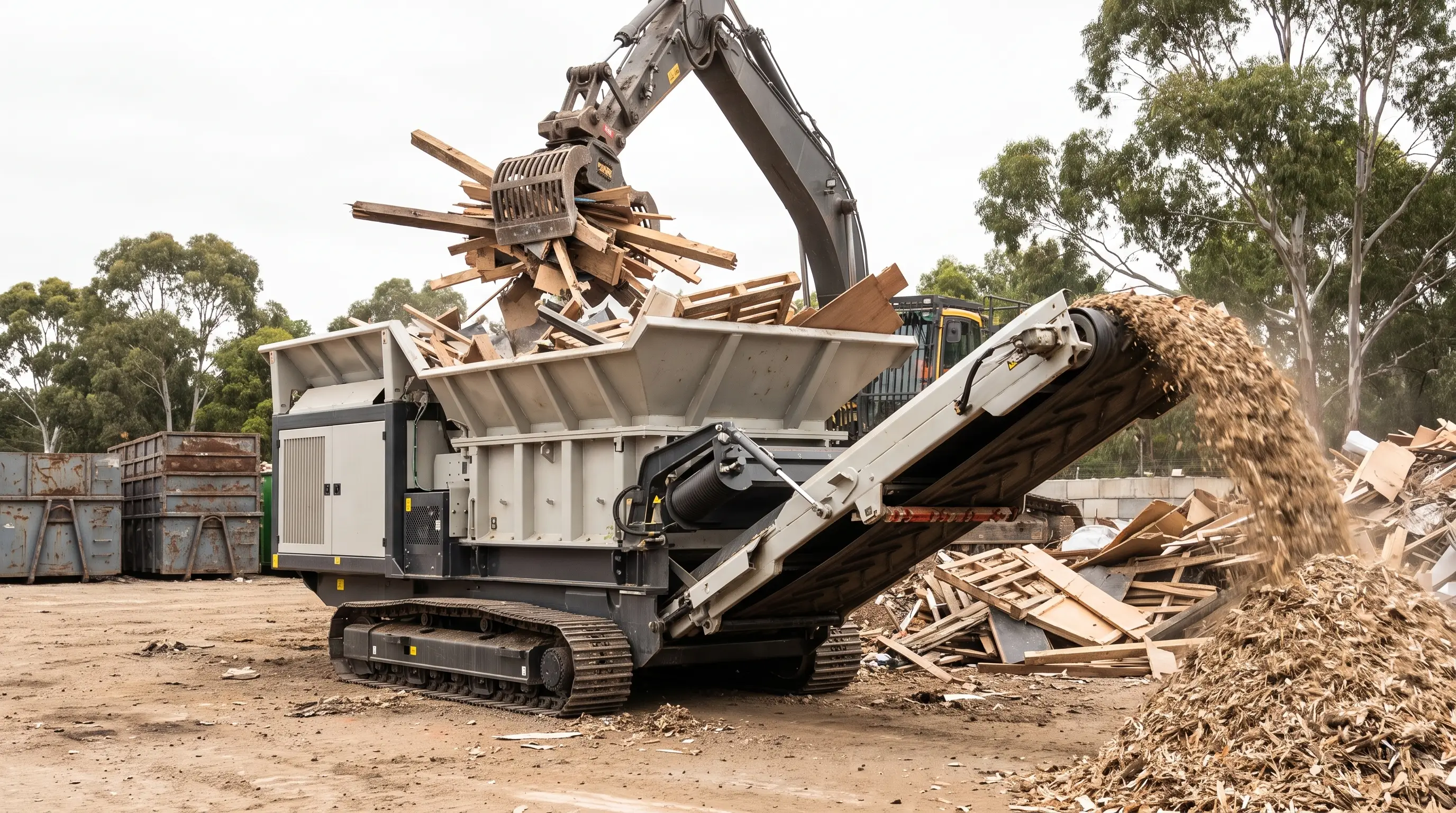 An excavator grapple dropping demolition timber and pallets into the hopper of a tracked slow-speed shredder, with shredded wood pouring off the discharge conveyor in a recycling yard.