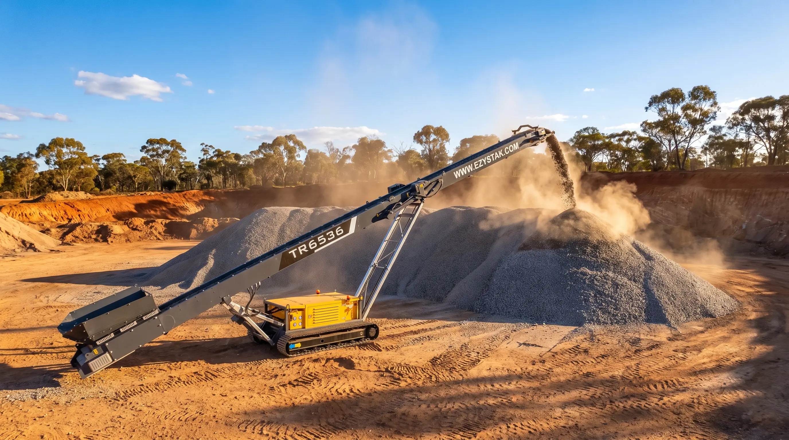 A yellow EZYSTAK TR6536 tracked conveyor stockpiler discharging crushed aggregate onto a tall stockpile in a red-dirt Australian pit.