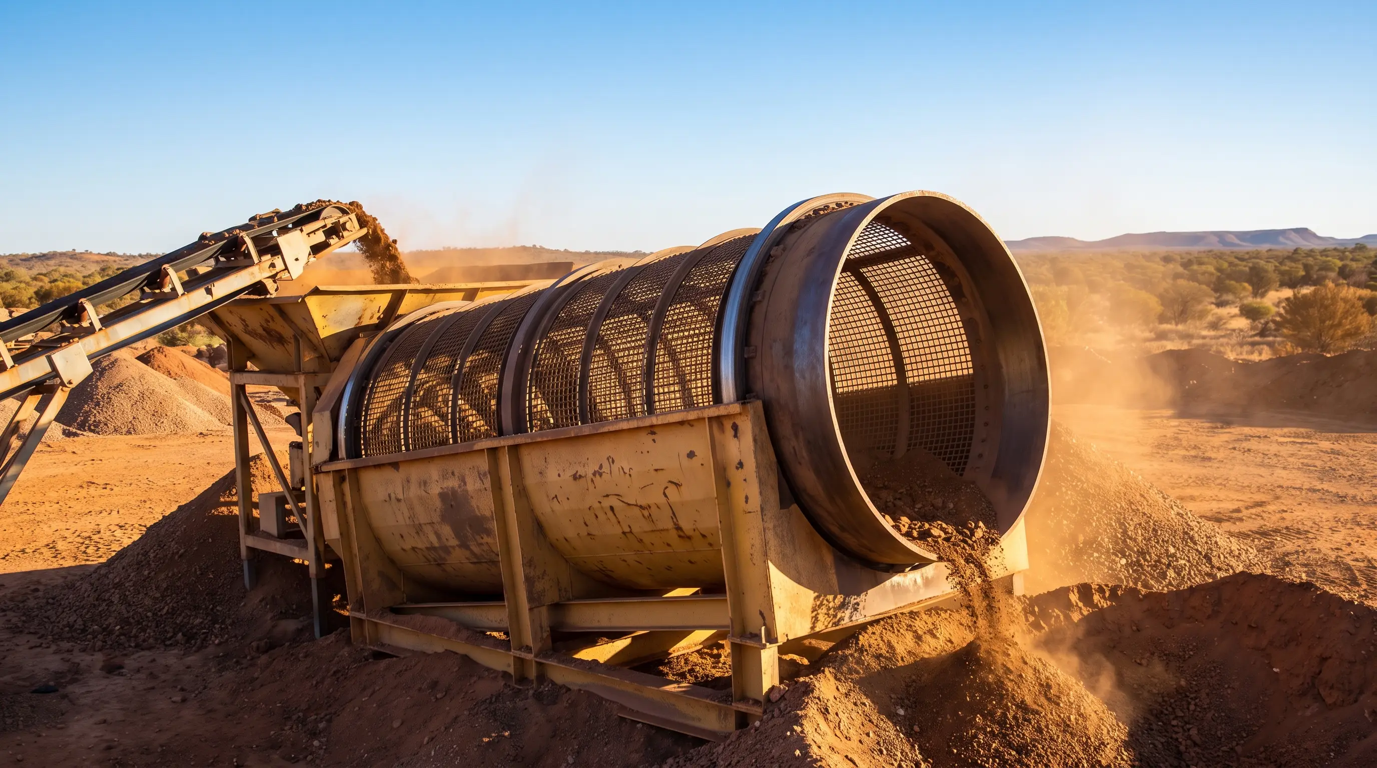 A rotating trommel screen drum sorting excavated material on a red-dirt Australian site, with a feed conveyor tipping soil into the drum and screened fines discharging below.