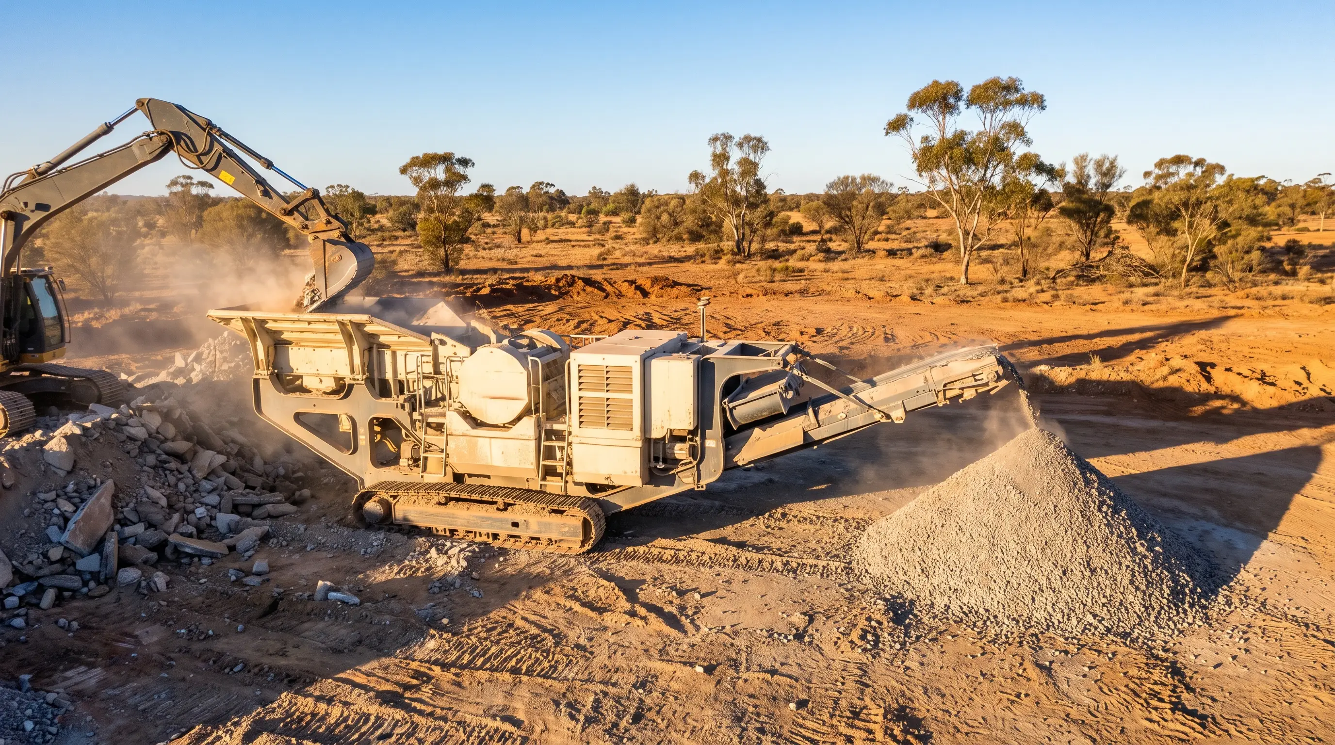 A tracked mobile jaw crusher working on a red-dirt Australian site, fed by an excavator and discharging crushed aggregate onto a stockpile.