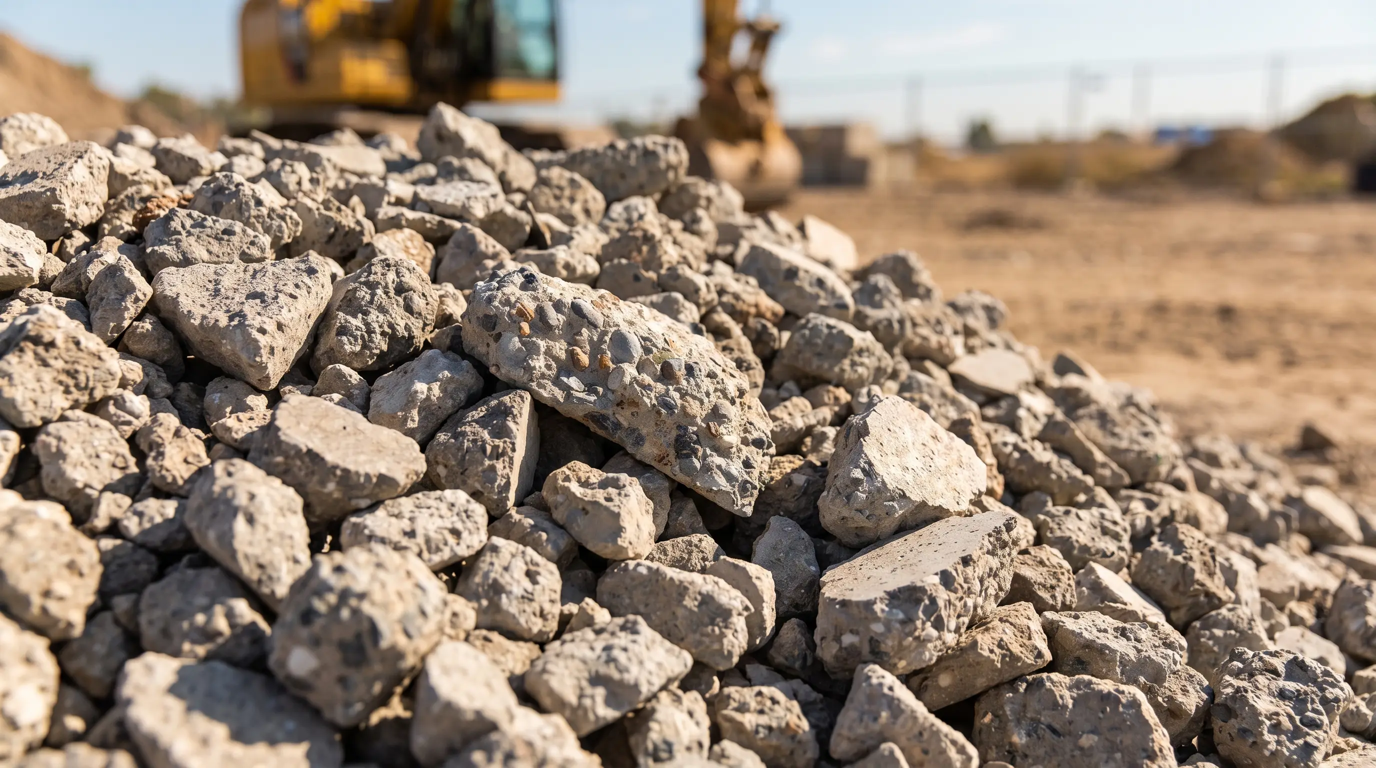 A stockpile of crushed concrete rubble in the foreground with an excavator working behind it on a dry Australian demolition site.